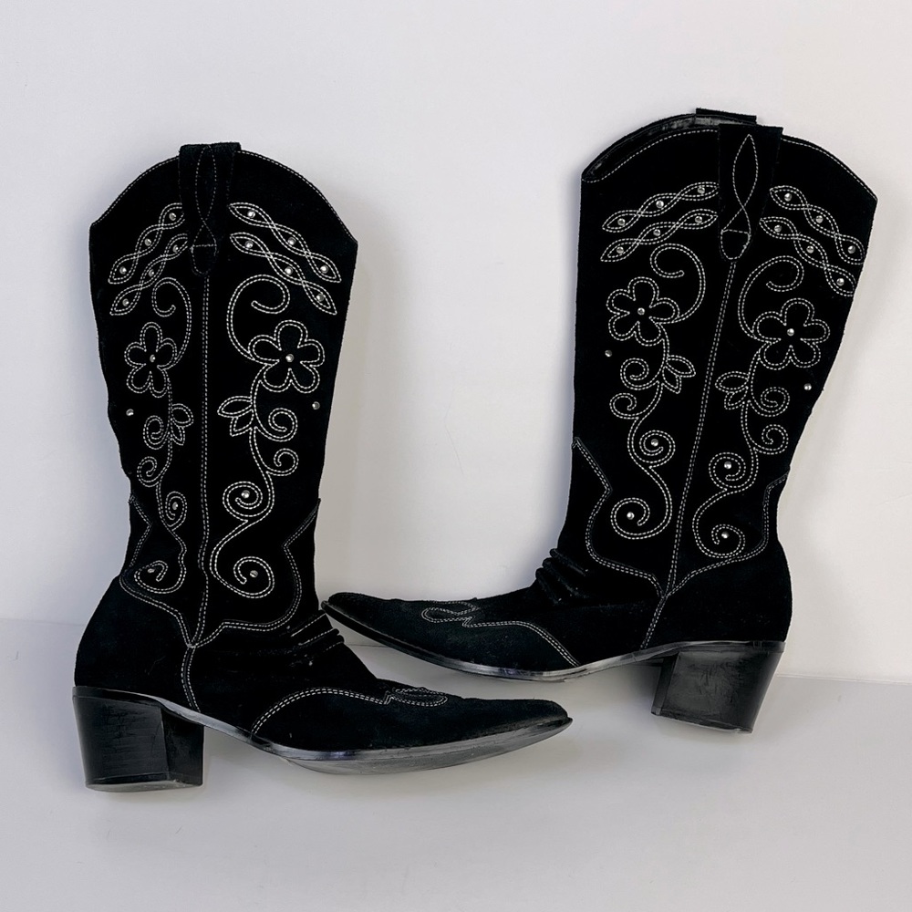 Rare Suede Cowgirl Boots Black Size 10 Leather Upper Embroidered